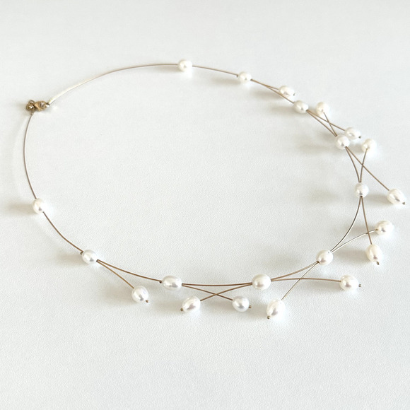 ZRW Israel Designer 14K Solid Yellow Gold Criss Cross Wire Pearl Necklace 17" - Picture 12 of 16